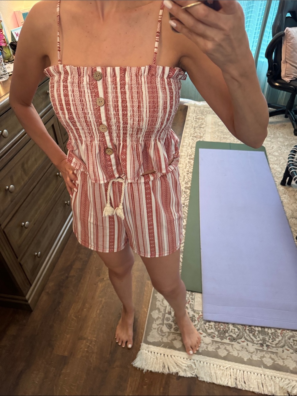 No Boundaries Red and White Striped Button-Up Crop Top and Short set